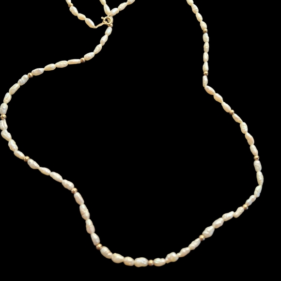 14k Yellow Gold Bead Freshwater Rice Crispy Krispie Pearl Strand Necklace 24" - Picture 3 of 11